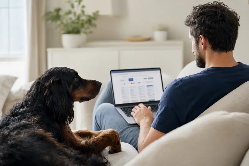 Ein Besitzer sitzt mit einem Gordon Setter auf dem Sofa und vergleicht Tierkrankenversicherungen auf einem Laptop.