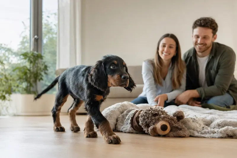 Ein neugieriger Gordon Setter Welpe erkundet glänzend sein neues Zuhause mit Spielzeug und weicher Decke.