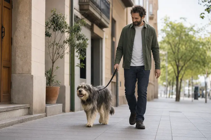 Ein Gos d'Atura Català läuft an der Leine mit seinem Besitzer durch eine saubere, moderne Stadtstraße.
