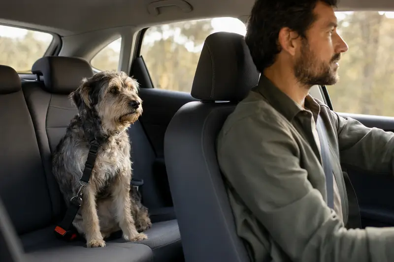 Ein sicher angeschnallter Gos d'Atura Català Hund auf der Rückbank eines Autos, während der Besitzer ruhig fährt.