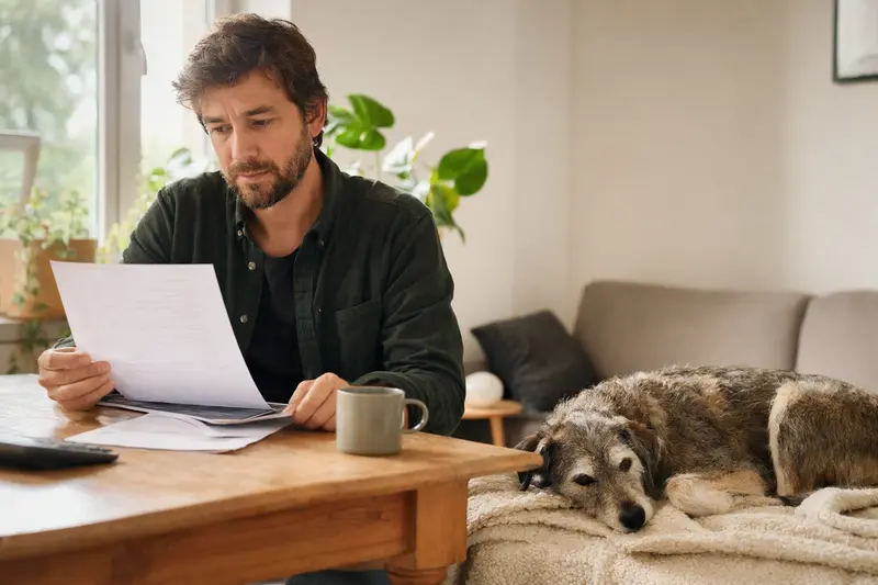 Ein Hundebesitzer sitzt mit einer Tierarztrechnung am Tisch, während ein Gos d'Atura Català entspannt auf einer Decke liegt und die Tierarztkosten im Kontext einer Hundeversicherung thematisiert werden.