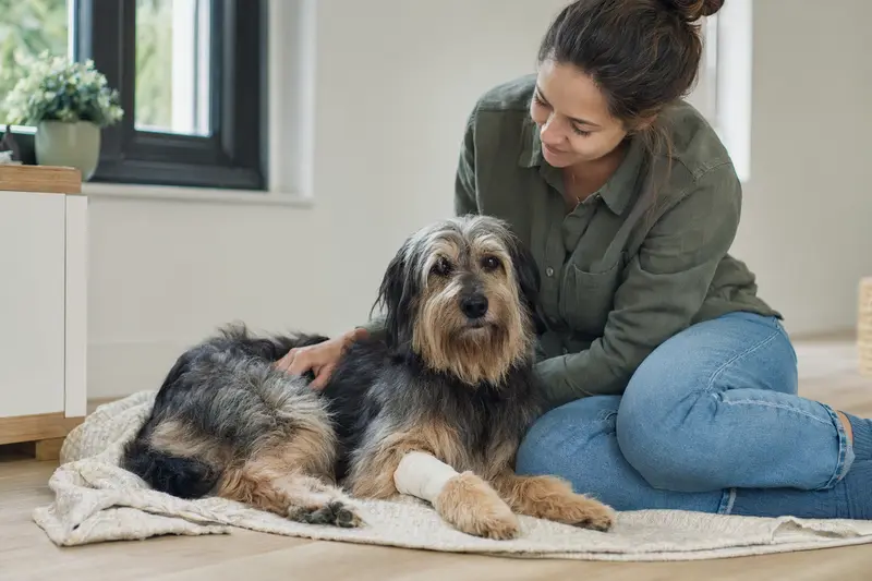 Ein Gos d'Atura Català Hund mit Verband an der Pfote liegt entspannt auf einer Decke, während sein Besitzer erleichtert neben ihm sitzt.