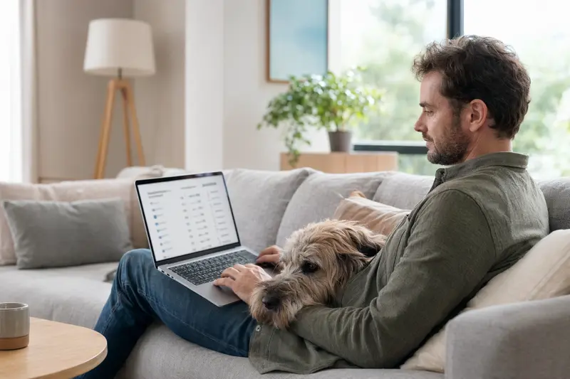 Ein Hundebesitzer arbeitet am Laptop im Wohnzimmer neben seinem Gos d'Atura Català und prüft Versicherungsoptionen für Haustiere.