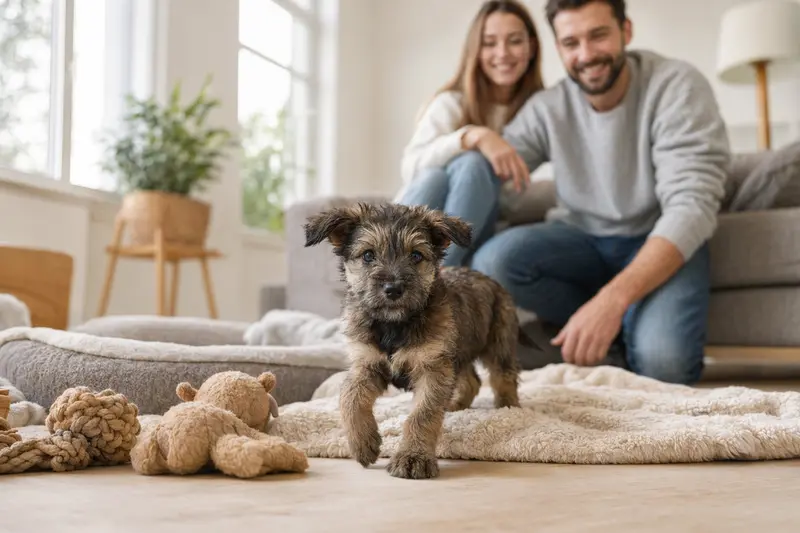 Ein neugieriger Gos d'Atura Català Welpe erkundet sein neues Zuhause mit weicher Decke und Spielzeug, während seine liebevolle Familie im Hintergrund zu sehen ist.