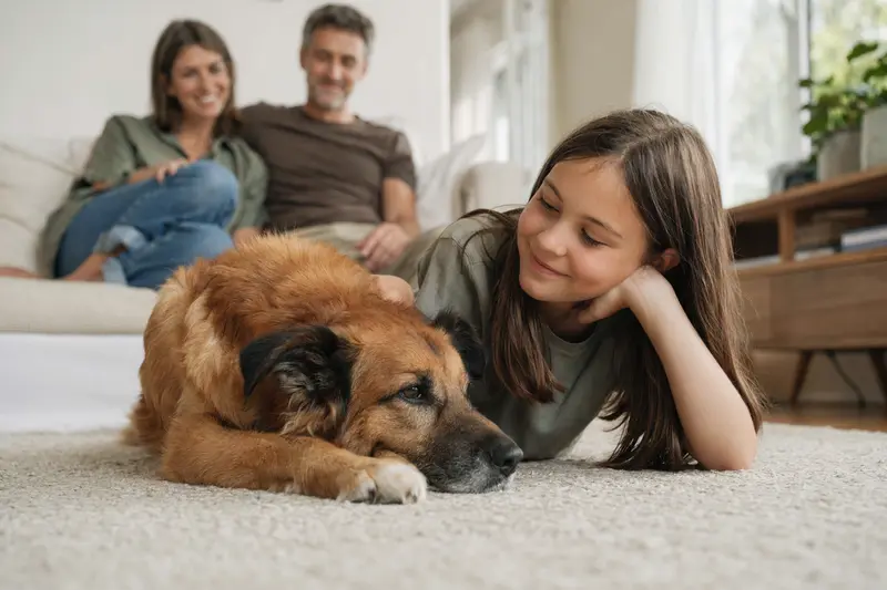 Ein Gos Rater Valencia Hund liegt entspannt neben einem Kind im Wohnzimmer, während die Eltern im Hintergrund für eine sichere Familienatmosphäre sorgen.