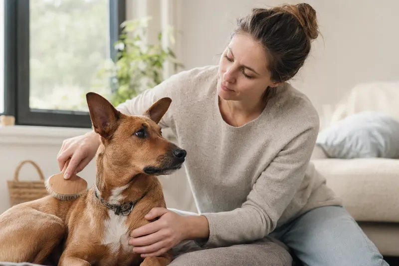 Ein Gos Rater Valencia wird zuhause sanft gebürstet, während der Besitzer liebevoll die Fellpflege übernimmt.