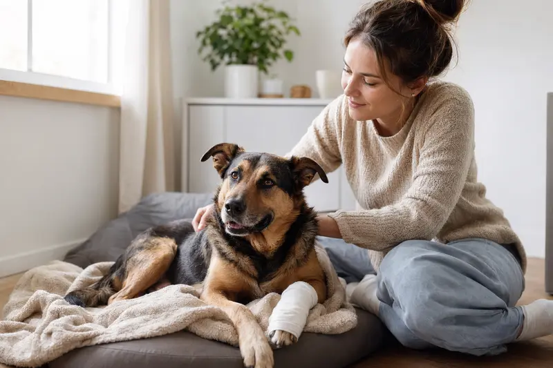 Ein Gos Rater Valencia Hund mit leichtem Verband an der Pfote liegt ruhig auf einer Decke neben seinem erleichterten Besitzer in einer hellen Wohnung.