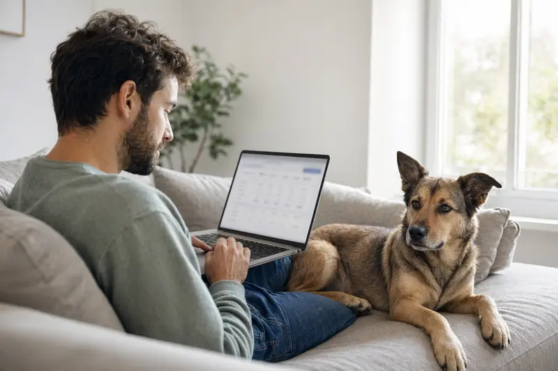 Ein Hundebesitzer sitzt mit einem Laptop auf dem Sofa, während ein Gos Rater Valencia Hund daneben liegt, umgeben von einer ruhigen Wohnung.