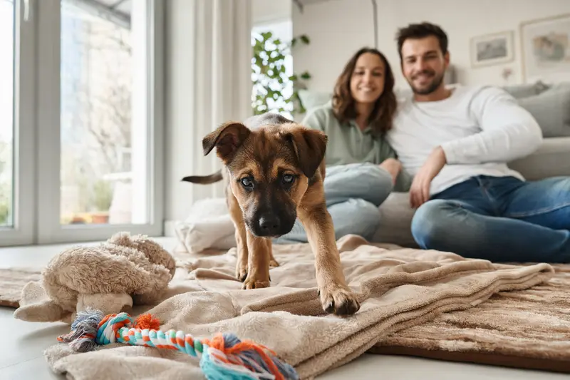Ein junger Gos Rater Valencia Welpe erkundet neugierig sein neues Zuhause mit weicher Decke und Spielzeug in einer hellen Wohnung.