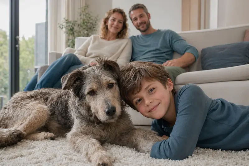 Ein freundlicher Grahund liegt entspannt neben einem Kind im hellen Wohnzimmer, während die Eltern im Hintergrund eine sichere Familienatmosphäre schaffen.