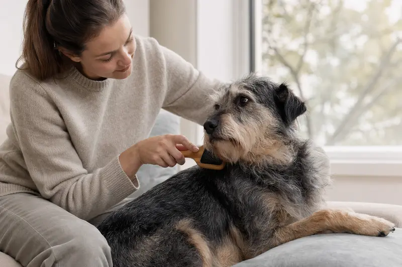 Ein Windhund wird in einer hellen Wohnung liebevoll gebürstet, was die sanfte Fellpflege und verantwortungsvolle Hundegesundheit unterstreicht.