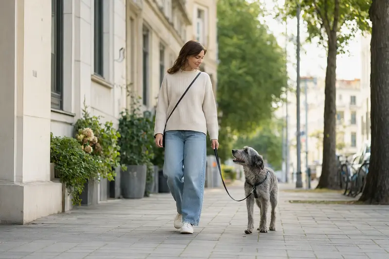 Ein Grahund läuft an der Leine mit seinem Besitzer durch eine moderne Stadtstraße im Alltag.