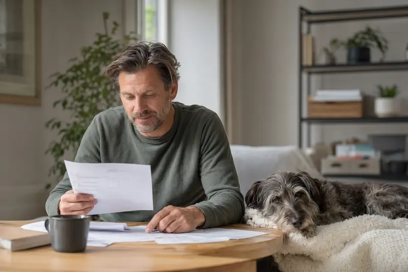 Ein Hundebesitzer sitzt mit einer Tierarztrechnung am Tisch, während ein ruhiger Grahund auf einer Decke daneben liegt – ein Bild zu Tierarztkosten und Absicherung für Hundehalter.