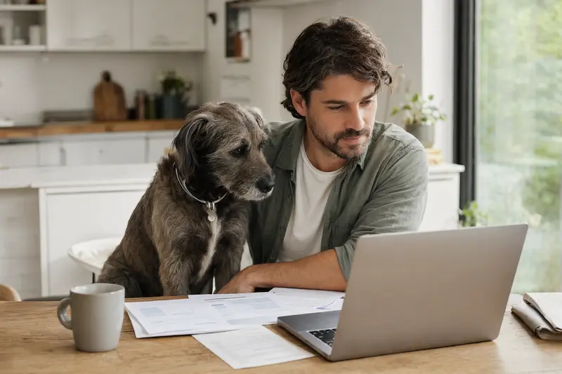 Ein Grahund sitzt entspannt neben seinem Besitzer am Küchentisch, auf dem Versicherungsunterlagen und ein Laptop liegen.