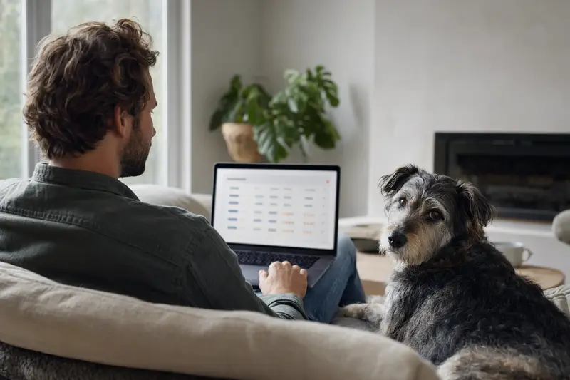 Ein Besitzer arbeitet mit einem Laptop auf dem Sofa, neben ihm liegt ein Grahund, das Bild vermittelt Sicherheit bei der Entscheidung für eine Tierversicherung.