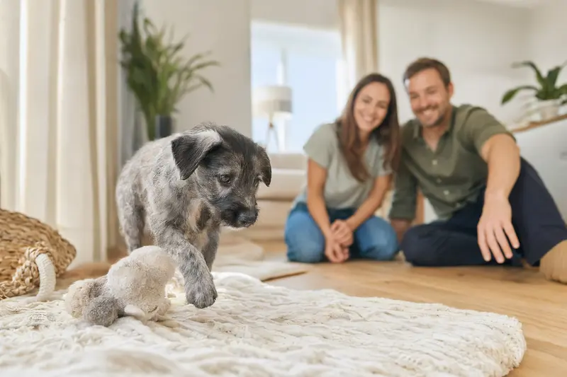 Ein neugieriger Grahund Welpe erkundet sein neues Zuhause mit Spielzeug und einer liebevollen Familie im Hintergrund.