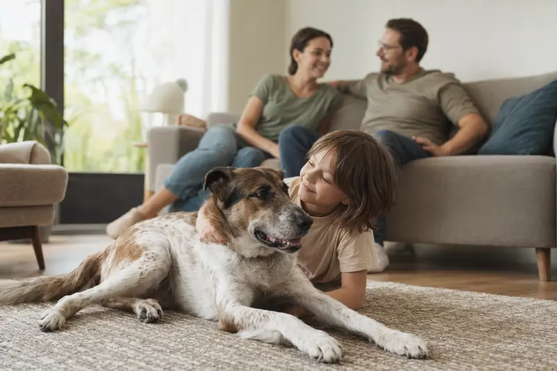 Ein freundlicher Grand Anglo Francais Hund liegt entspannt neben einem Kind im Wohnzimmer, während die Eltern im Hintergrund eine sichere Familienatmosphäre schaffen.
