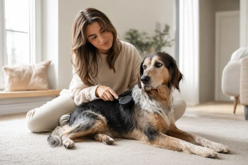 Ein Grand Anglo Francais Hund wird zuhause sanft gebürstet, während sein Besitzer die Fellpflege liebevoll übernimmt.