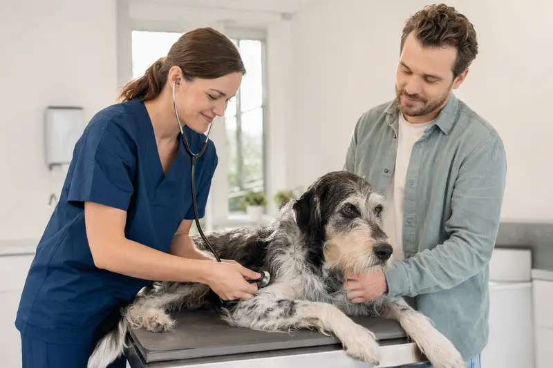 Ein ruhiger Grand Anglo Francais Hund wird von einer freundlichen Tierärztin in einer modernen Tierarztpraxis untersucht.