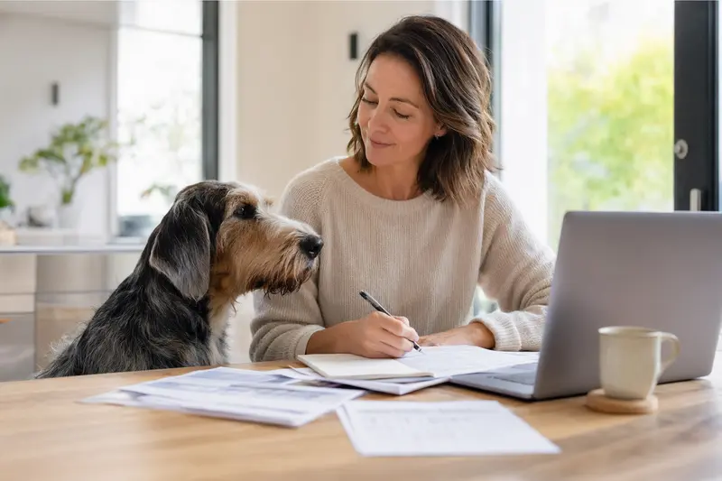 Ein Grand Anglo Francais Hund sitzt ruhig am Küchentisch neben seinem Besitzer, während Versicherungsunterlagen und ein Laptop auf dem Tisch liegen.