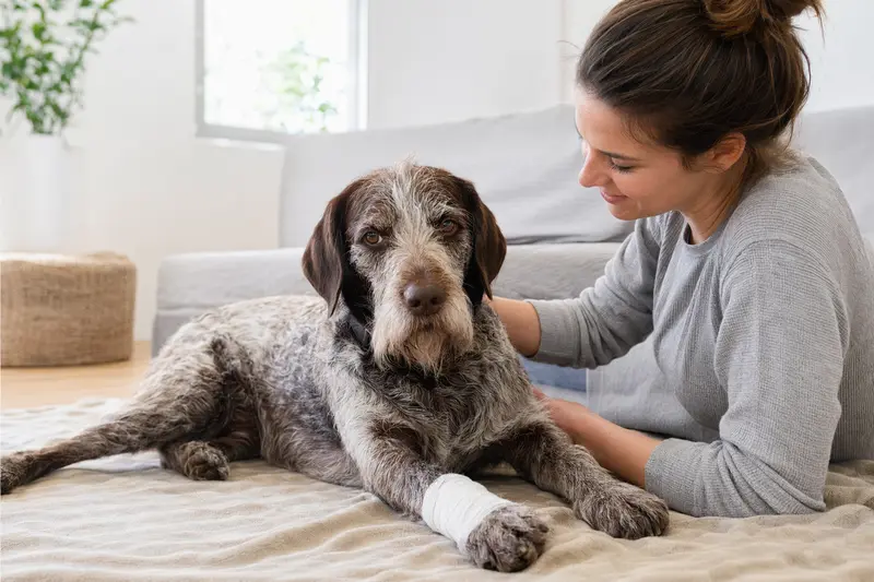 Ein Grand Anglo Francais Hund mit Verband an der Pfote liegt entspannt auf einer Decke, während sein erleichterter Besitzer neben ihm sitzt.