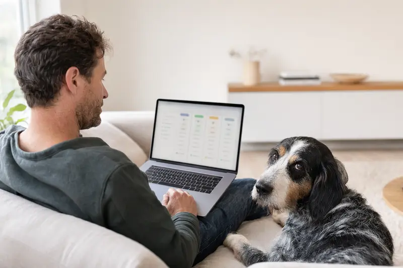 Ein Hundebesitzer arbeitet mit einem Laptop auf dem Sofa, während ein Grand Anglo Francais neben ihm sitzt und die Vorteile einer Tierkrankenversicherung in einer ruhigen Wohnung erkundet.