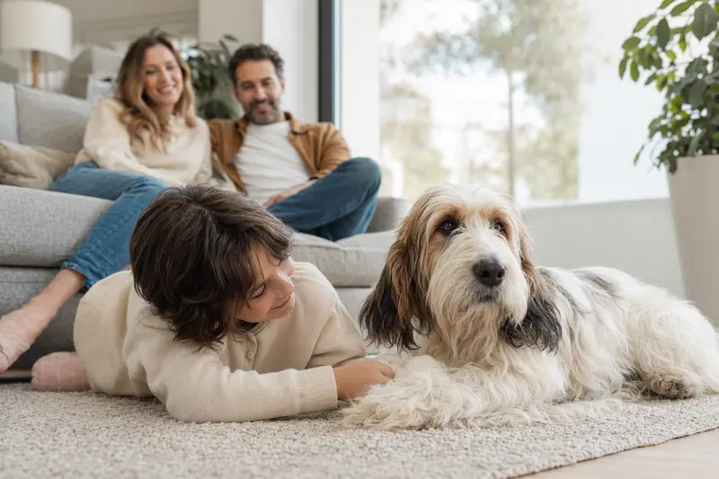 Ein Grand Basset Griffon Vendeen liegt entspannt neben einem Kind im hellen Wohnzimmer in einer sicheren Familienatmosphäre.