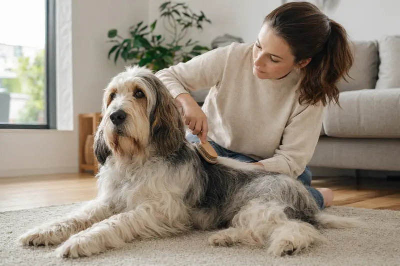 Ein Grand Basset Griffon Vendéen wird in einer hellen Wohnung sanft gebürstet, während sein Besitzer die Fellpflege liebevoll übernimmt.