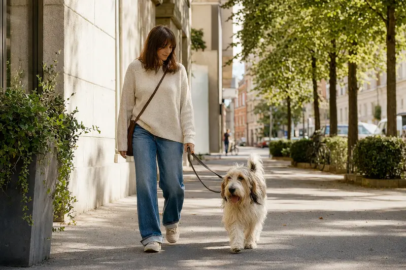 Ein Grand Basset Griffon Vendeen läuft an der Leine mit seinem Besitzer durch eine moderne Stadtstraße.