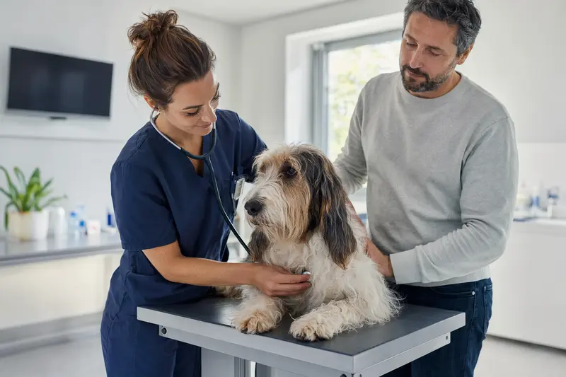 Ein ruhiger Grand Basset Griffon Vendeen Hund wird von einer freundlichen Tierärztin mit einem Stethoskop in einer modernen Tierarztpraxis untersucht.