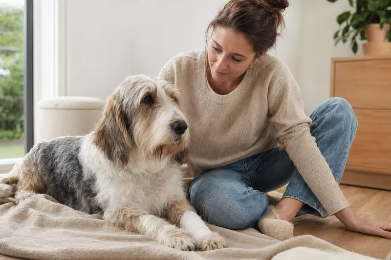 Ein Grand Basset Griffon Vendeen entspannt auf einer Decke mit einem leichten Verband an der Pfote, während sein besorgter Besitzer neben ihm sitzt.