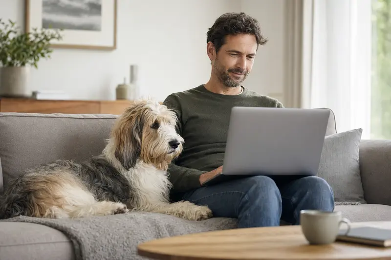 Ein Besitzer sitzt mit Laptop auf dem Sofa, neben ihm ein Grand Basset Griffon Vendeen Hund, während er eine Versicherungsvergleichs-Oberfläche betrachtet.