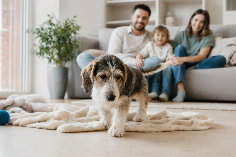Ein neugieriger Grand Basset Griffon Vendeen Welpe erkundet voller Freude sein neues Zuhause mit Spielzeug und einer liebevollen Familie im Hintergrund.