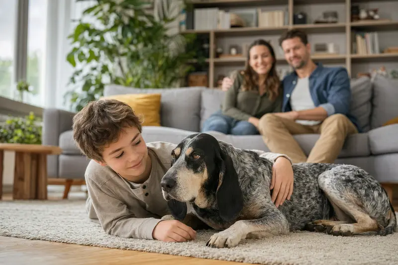 Ein freundlicher Grand Bleu de Gascogne liegt entspannt neben einem Kind im hellen Wohnzimmer, während die Eltern im Hintergrund eine sichere Familienatmosphäre schaffen.