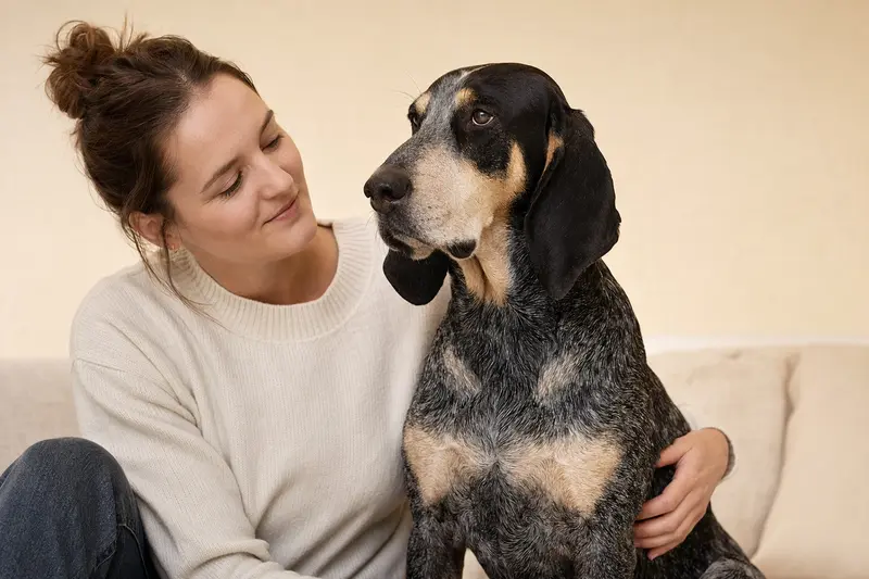 Grand Bleu de Gascogne Hund steht aufmerksam vor hellem Hintergrund in natürlicher Haltung.