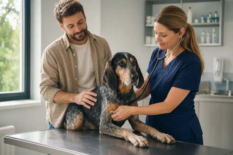 Ein Grand Bleu de Gascogne Hund wird behutsam von einer Tierärztin mit Stethoskop in einer modernen Praxis untersucht.