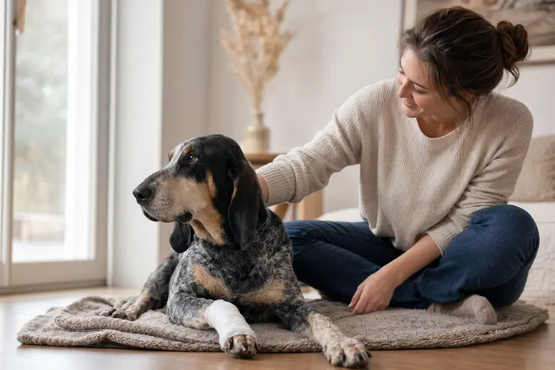 Ein Grand Bleu de Gascogne Hund mit einem leichten Verband liegt entspannt neben seinem erleichterten Besitzer in einer hellen Wohnung.
