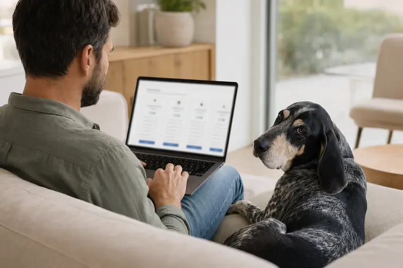 Ein Hundebesitzer sitzt mit Laptop auf dem Sofa, während ein Grand Bleu de Gascogne neben ihm entspannt, verdeutlicht die Sicherheit bei der Wahl einer Haustierversicherung.