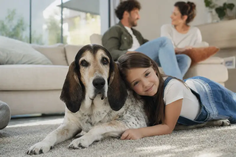 Ein Grand Gascon Saintongeois liegt entspannt neben einem Kind im Wohnzimmer, während die Eltern im Hintergrund eine sichere Familienatmosphäre schaffen.