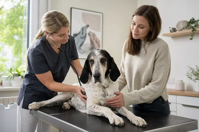 Ein Grand Gascon Saintongeois Hund wird von einer freundlichen Tierärztin auf einem Untersuchungstisch in einer modernen Tierarztpraxis untersucht.