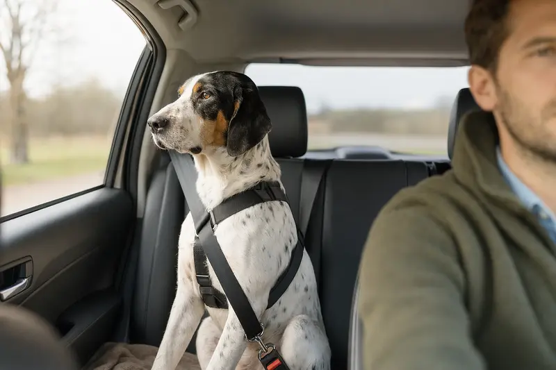 Ein Grand Gascon Saintongeois Hund sitzt sicher angeschnallt auf der Rückbank eines Autos, während das Sonnenlicht durch das Fenster strömt.