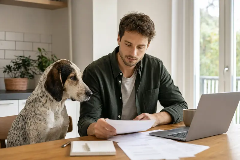 Ein Grand Gascon Saintongeois Hund sitzt neben seinem Besitzer am Küchentisch, während Versicherungsunterlagen und ein Laptop auf dem Tisch liegen.