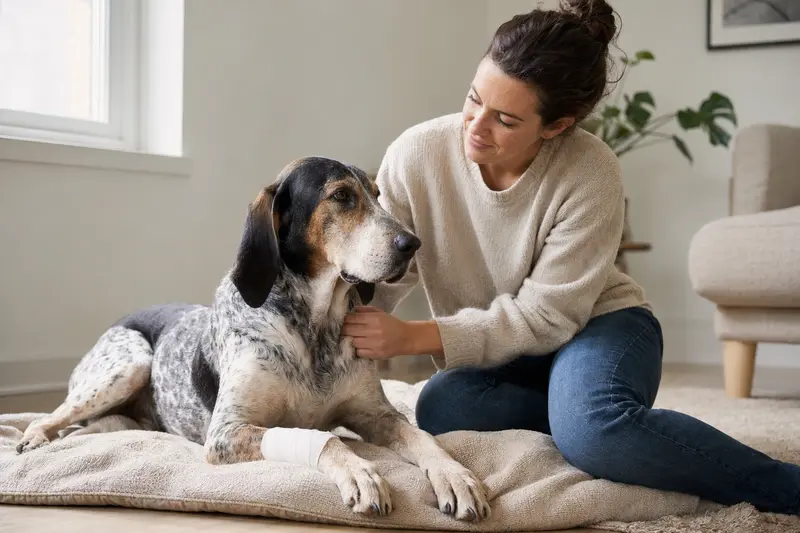 Ein entspannter Grand Gascon Saintongeois Hund mit Verband an der Pfote liegt neben seinem erleichterten Besitzer auf einer Decke in einer hellen Wohnung.