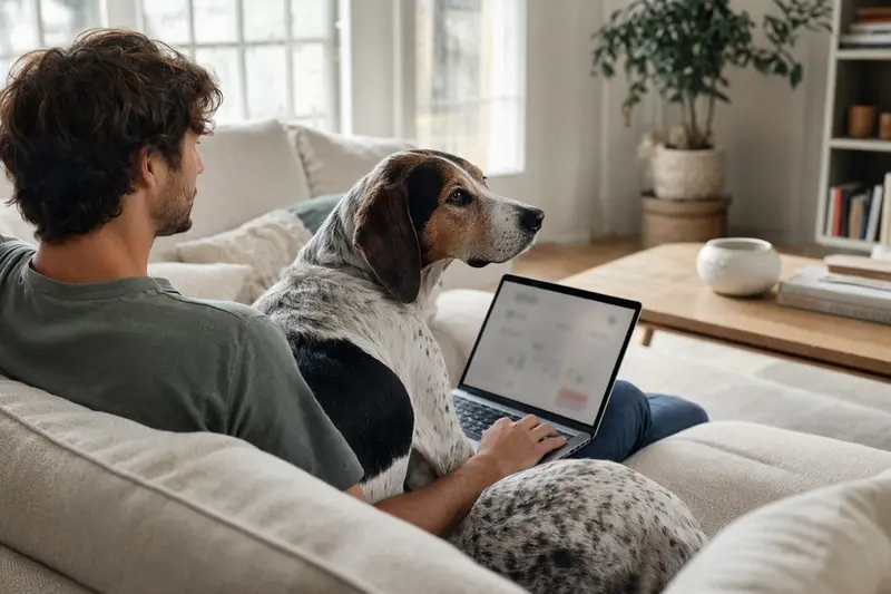 Ein Hundebesitzer sitzt entspannt auf dem Sofa mit einem Grand Gascon Saintongeois und vergleicht Tierversicherungen auf seinem Laptop.