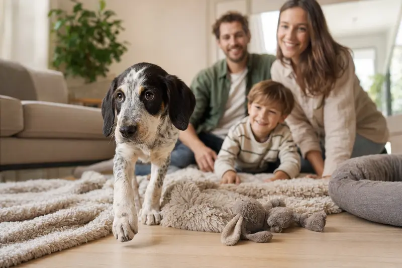 Ein neugieriger Grand Gascon Saintongeois Welpe entdeckt sein neues Zuhause mit einer weichen Decke und Spielzeug, während eine liebevolle Familie im Hintergrund zu sehen ist.