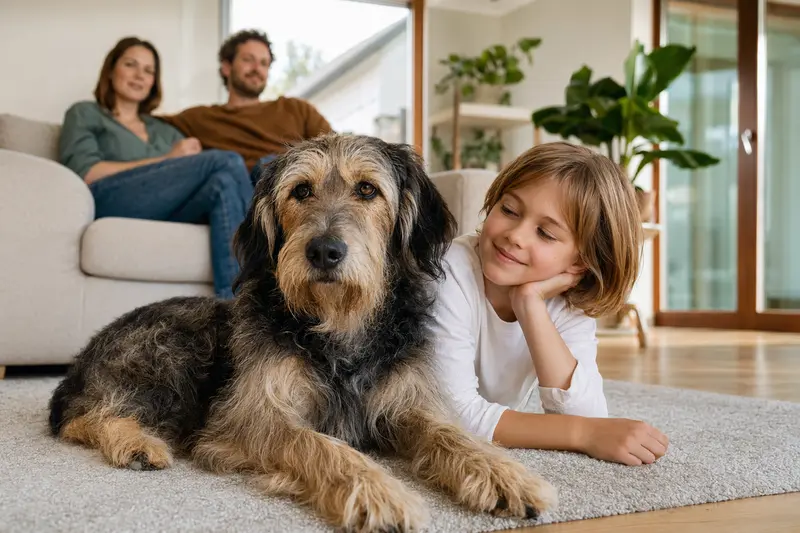 Ein freundlicher Grand Griffon Nivernais liegt entspannt neben einem Kind im Wohnzimmer, während die Eltern im Hintergrund eine sichere Familienatmosphäre schaffen.