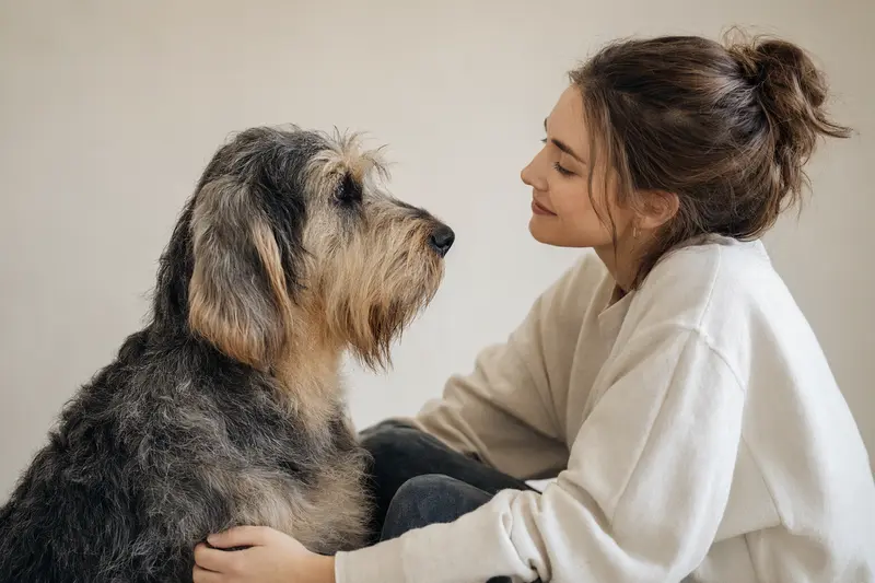 Ein aufmerksam stehender Grand Griffon Nivernais Hund vor hellem Hintergrund in natürlicher Haltung und mit typischer Fellstruktur.