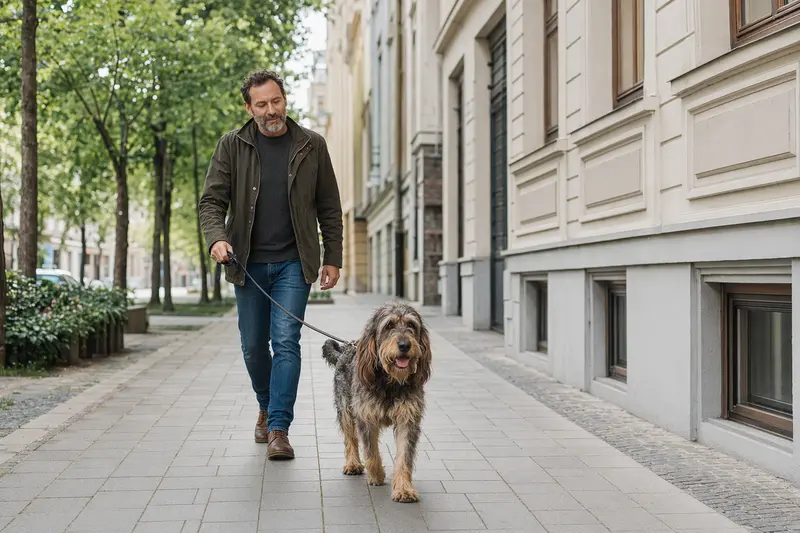 Ein Grand Griffon Nivernais läuft an der Leine mit seinem Besitzer durch eine freundliche moderne Stadtstraße.