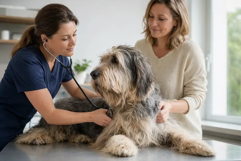 Ein ruhiger Grand Griffon Nivernais Hund wird behutsam von einer freundlichen Tierärztin untersucht.
