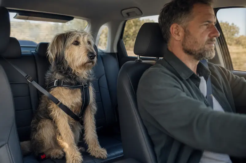 Ein Grand Griffon Nivernais Hund sitzt sicher angeschnallt auf der Rückbank eines Autos, während sein Besitzer entspannt fährt und Sonnenlicht durch das Fenster strömt.